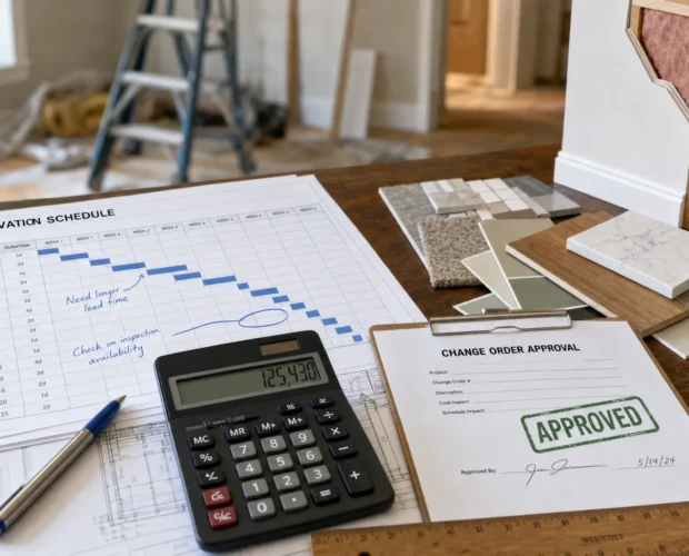 A renovation planning table with a schedule, calculator, approval form, and material samples arranged for decision-making.