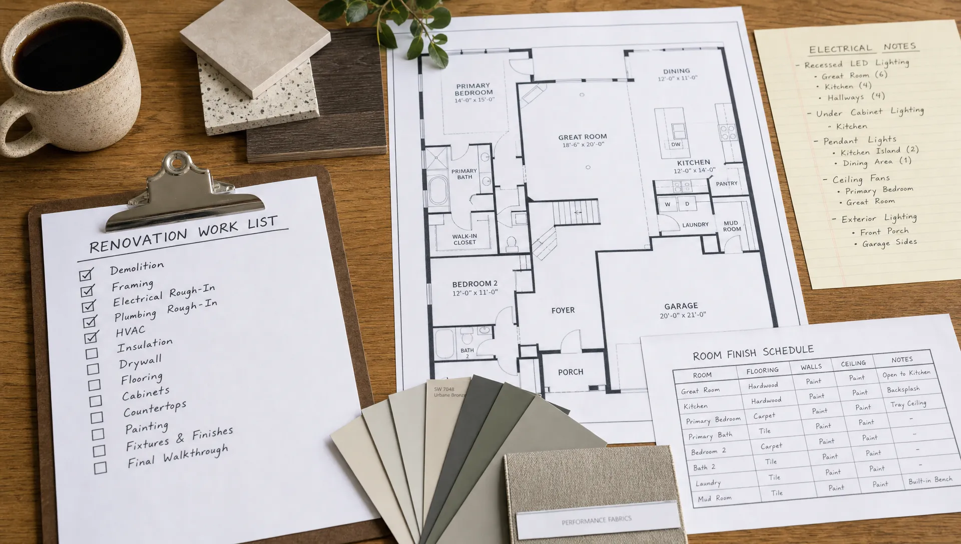 A renovation work list sits beside floor plans, material samples, electrical notes, and room labels during a full home upgrade.