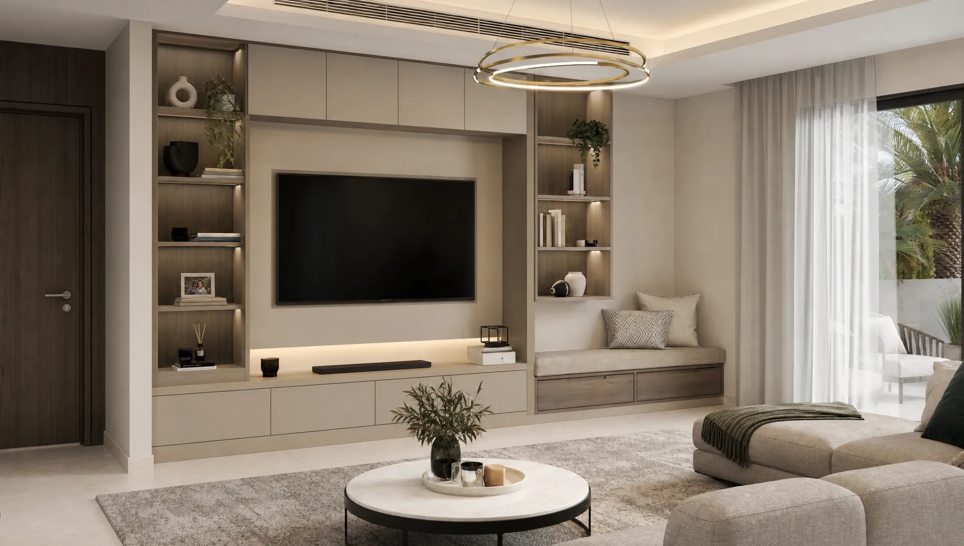 A UAE living room with built-in cabinets, open shelves, and a bench that keeps everyday items neatly stored.