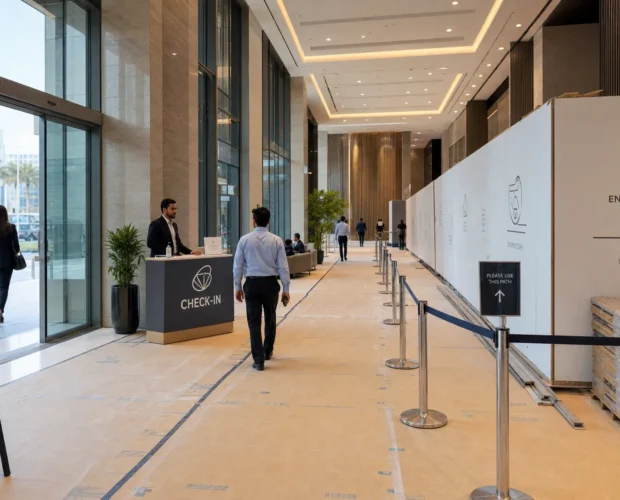 A UAE office lobby stays open during renovation, with a clear customer path, temporary hoarding, covered flooring, and a staffed check-in point.