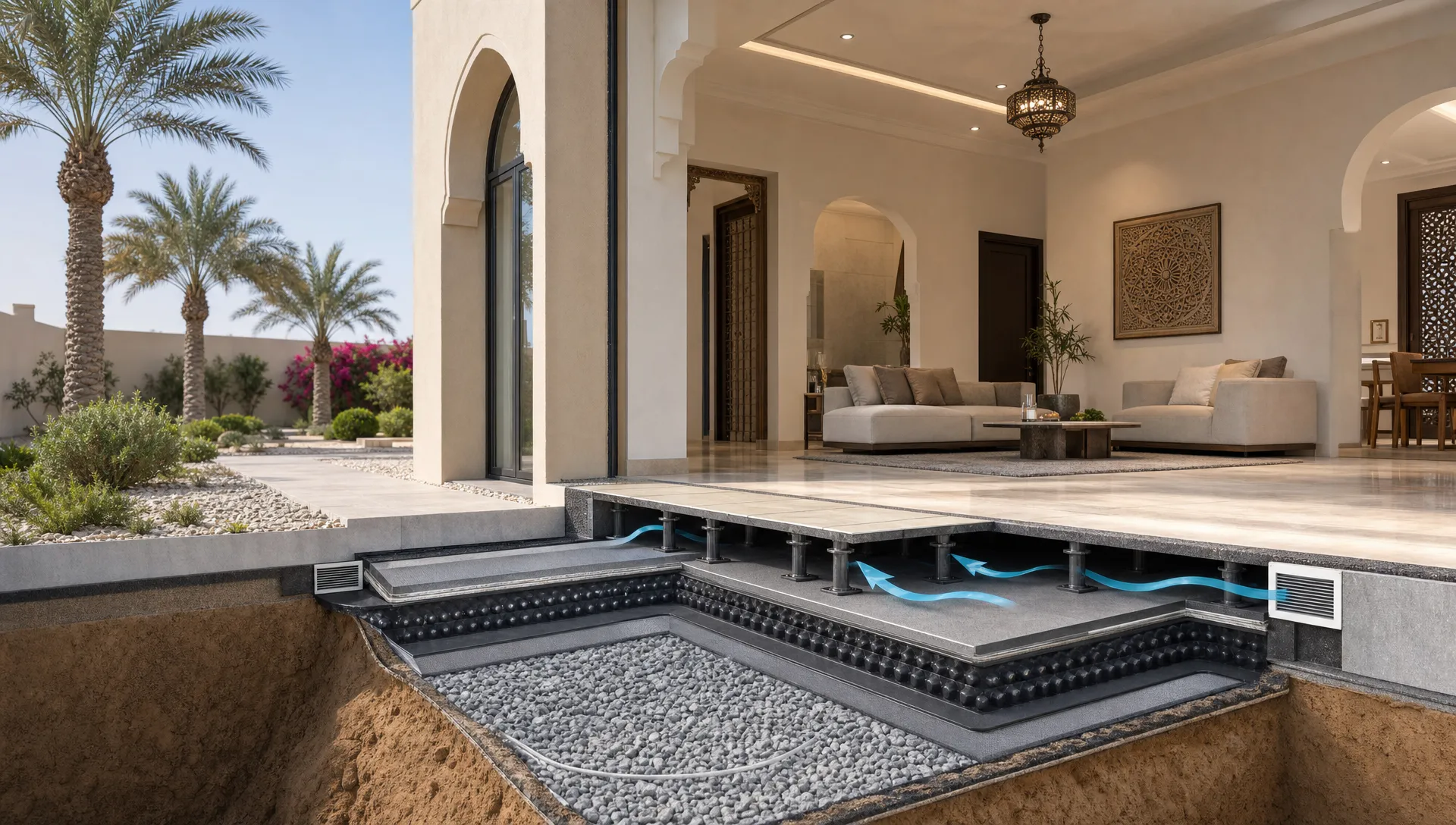 A UAE villa section view shows underfloor access, moisture protection, ventilation paths, and nearby landscaping.