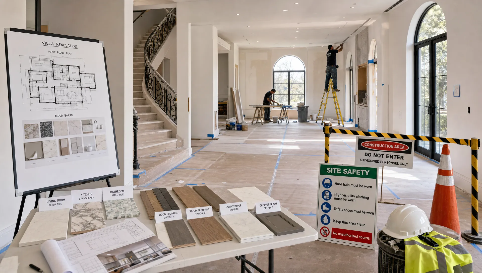 An organized villa renovation site with floor plans, labeled samples, safety barriers, and workers preparing interior upgrades.