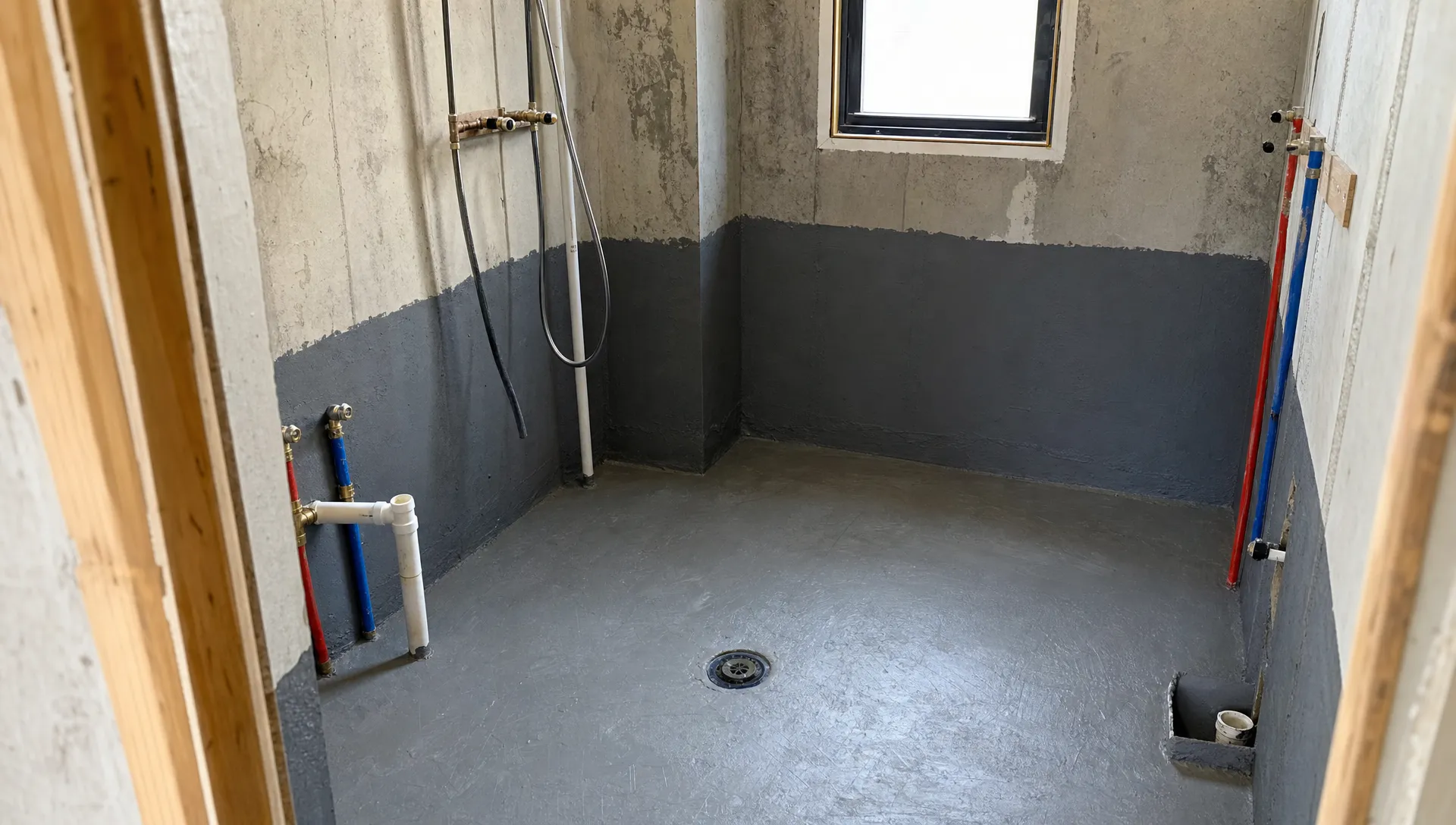 An unfinished bathroom shows exposed plumbing lines, a floor drain, and waterproofing prep before tiles are installed.