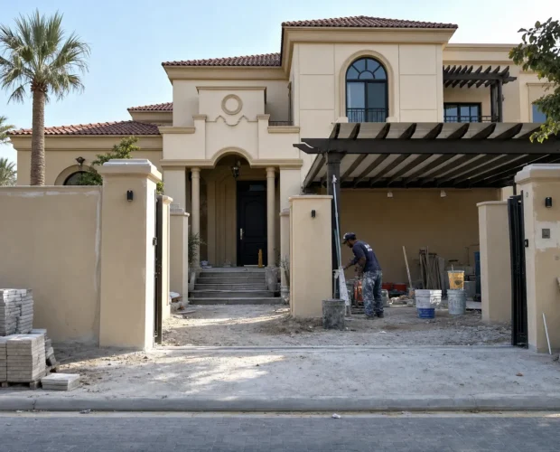 Dubai villa exterior renovation work is underway at the front entrance with paving stones, boundary walls, and materials stacked by the driveway.