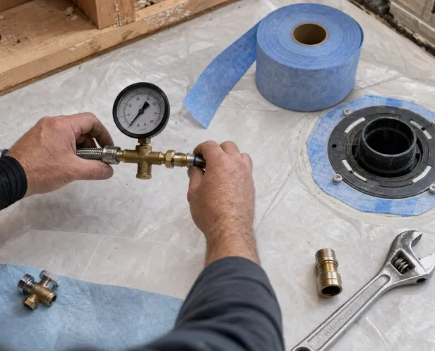 Hands test a bathroom supply line beside fittings, a pressure gauge, and a floor drain during renovation work.