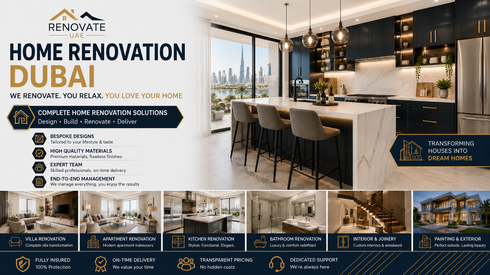 Luxury kitchen renovation in Dubai with dark custom cabinetry, marble island, integrated appliances and premium lighting by Renovate UAE.