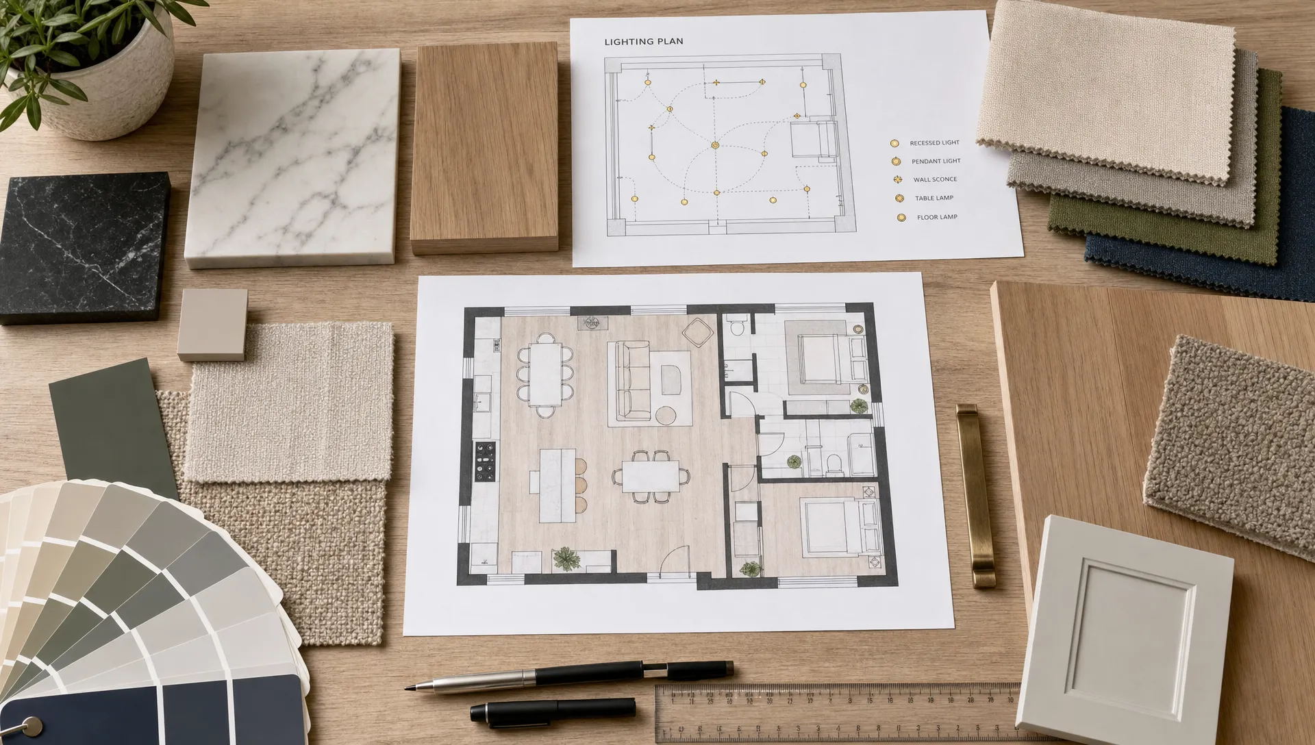 Material samples, lighting plans, fabric swatches, floor finishes, and a room layout are arranged on a work table.