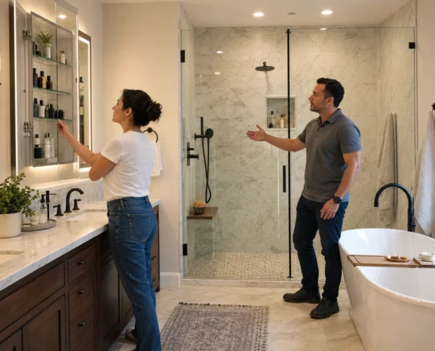Two adults discuss a luxury bathroom remodel beside a vanity, bathtub and shower in a finished master suite.