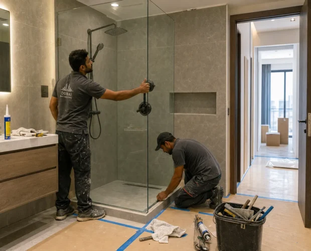 Two tradespeople install a shower screen in a Dubai bathroom during an upgrade, with tools, tiles, and a vanity around them.