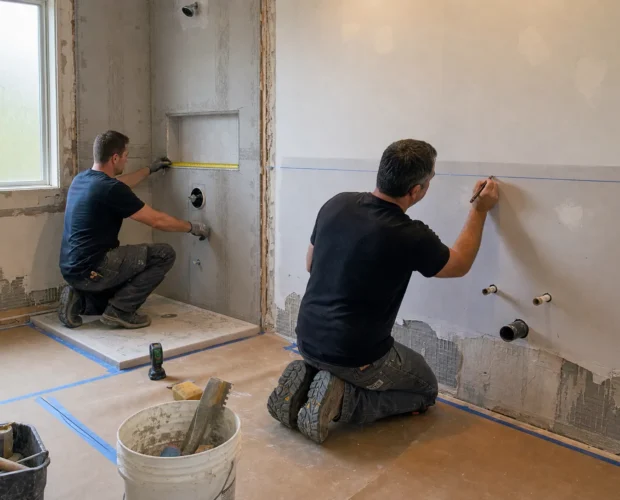 Two tradespeople measure a bathroom during renovation, with exposed plumbing and protected flooring around them.